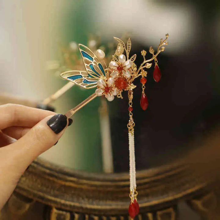 Buddha Stones Classical Chinese Style Flower Branche Butterfly Pearl Tassel Hair Clip Hair Comb Hair Crown - Red Flower