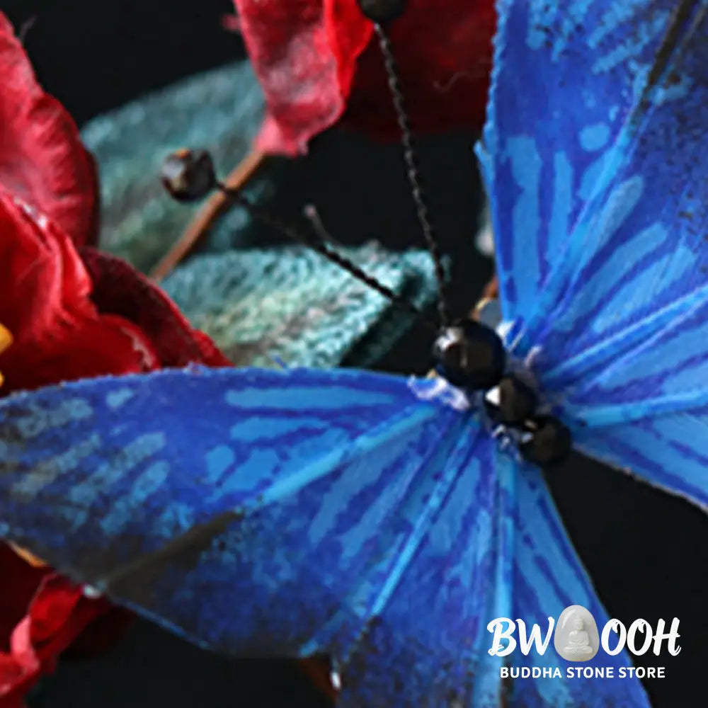 Buddha Stones Classical Chinese Style Red Flower Blue Butterfly Hairpin - Red Flower Butterfly Hairpin - Hairpin
