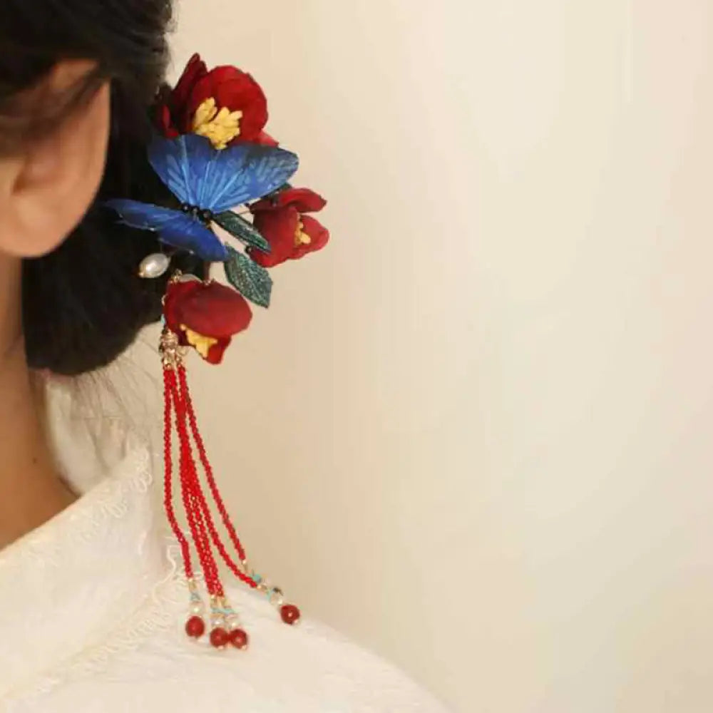 BWOOOH Classical Chinese Style Red Flower Blue Butterfly 