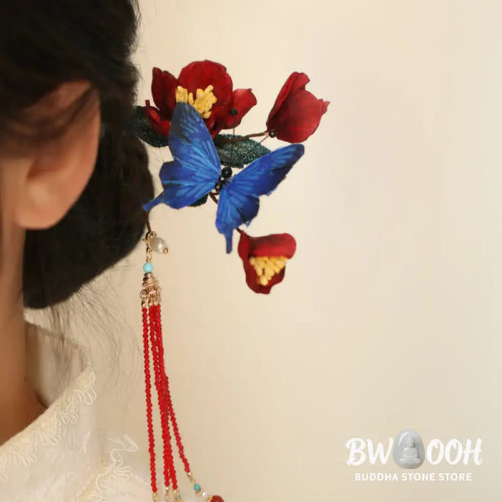 Buddha Stones Classical Chinese Style Red Flower Blue Butterfly Hairpin - Red Flower Butterfly Hairpin - Hairpin