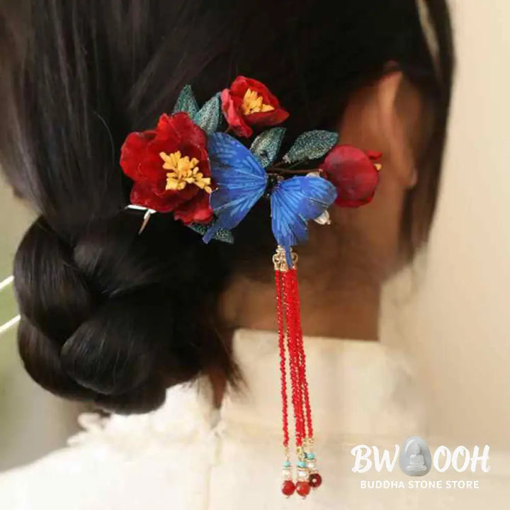 Buddha Stones Classical Chinese Style Red Flower Blue Butterfly Hairpin - Red Flower Butterfly Hairpin - Hairpin