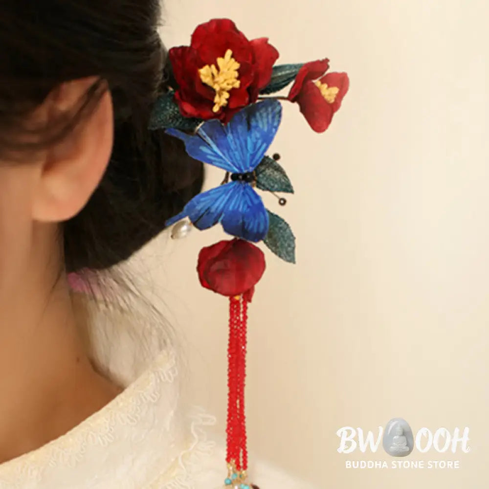 Buddha Stones Classical Chinese Style Red Flower Blue Butterfly Hairpin - Red Flower Butterfly Hairpin - Hairpin