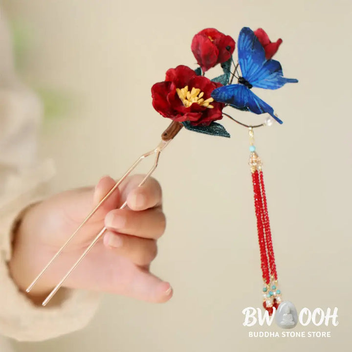 Buddha Stones Classical Chinese Style Red Flower Blue Butterfly Hairpin - Red Flower Butterfly Hairpin - Hairpin
