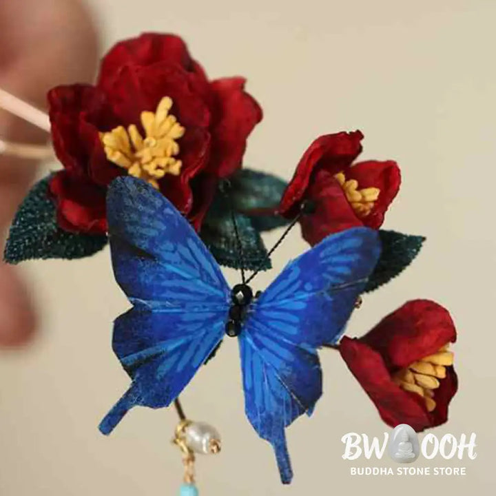Buddha Stones Classical Chinese Style Red Flower Blue Butterfly Hairpin - Red Flower Butterfly Hairpin - Hairpin