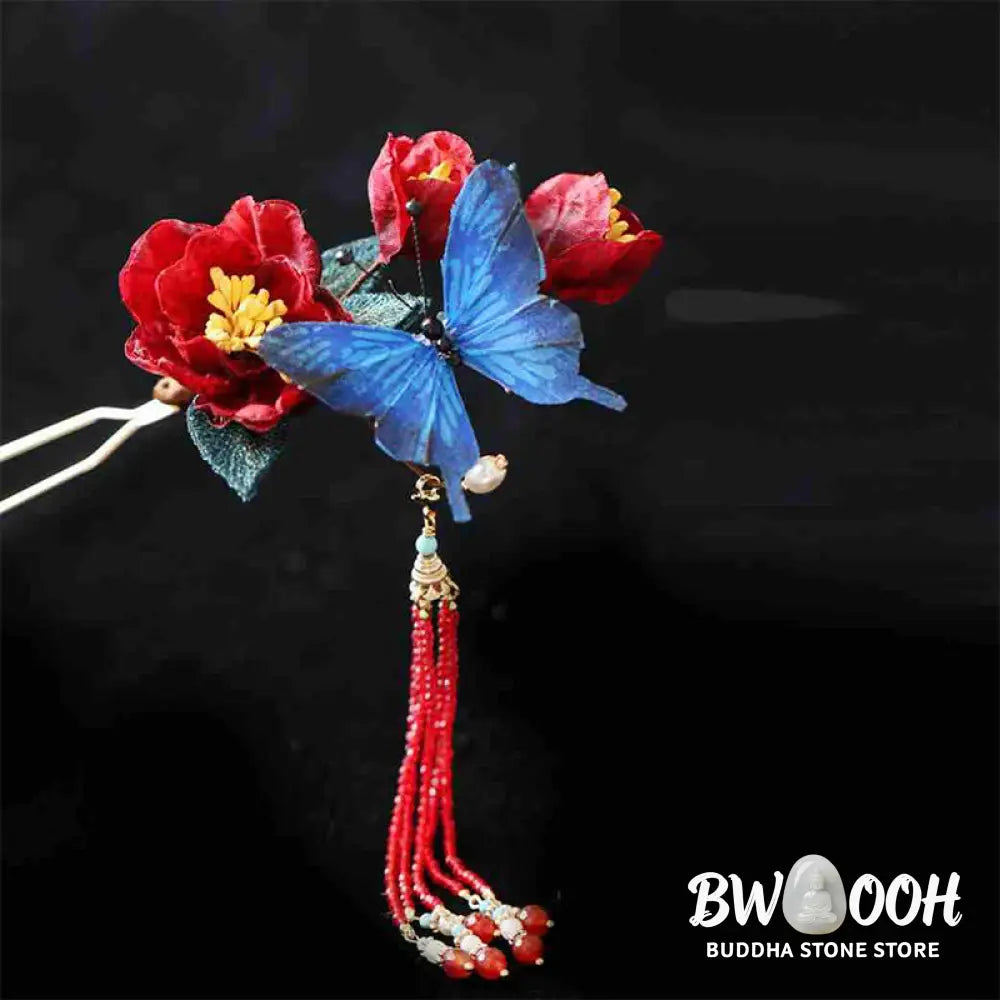 Buddha Stones Classical Chinese Style Red Flower Blue Butterfly Hairpin - Red Flower Butterfly Hairpin - Hairpin
