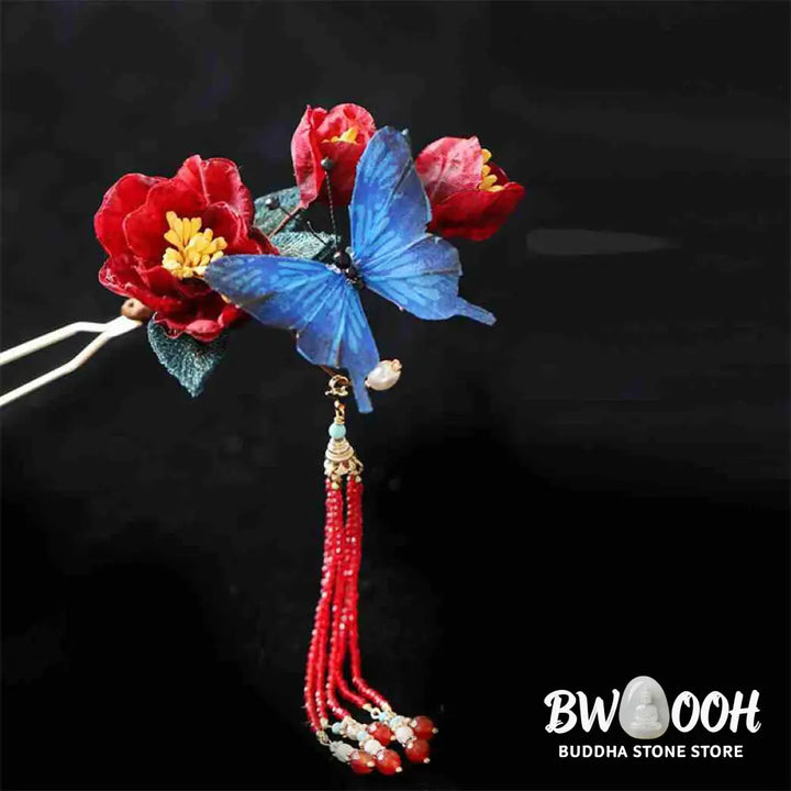 Buddha Stones Classical Chinese Style Red Flower Blue Butterfly Hairpin - Red Flower Butterfly Hairpin - Hairpin