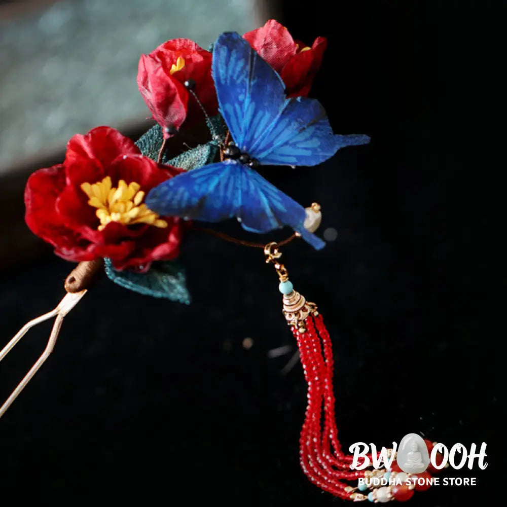 Buddha Stones Classical Chinese Style Red Flower Blue Butterfly Hairpin - Red Flower Butterfly Hairpin - Hairpin