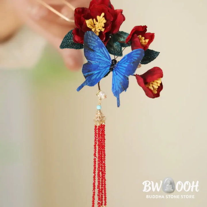 Buddha Stones Classical Chinese Style Red Flower Blue Butterfly Hairpin - Red Flower Butterfly Hairpin - Hairpin