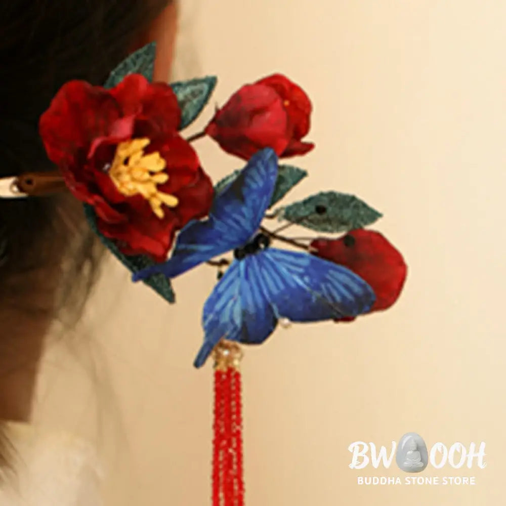 Buddha Stones Classical Chinese Style Red Flower Blue Butterfly Hairpin - Red Flower Butterfly Hairpin - Hairpin