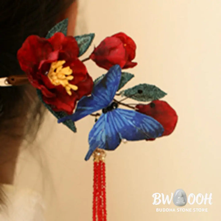 Buddha Stones Classical Chinese Style Red Flower Blue Butterfly Hairpin - Red Flower Butterfly Hairpin - Hairpin