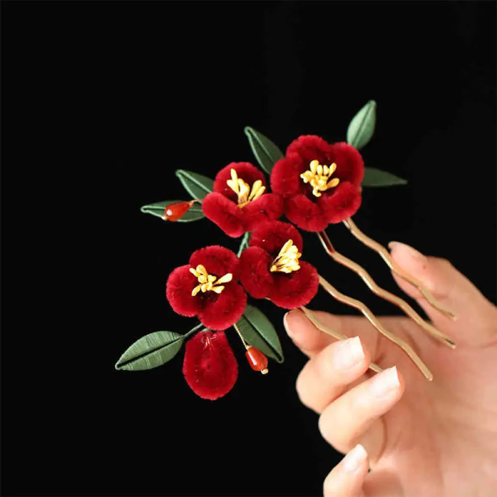 Buddha Stones Classical Chinese Style Red Flower Blue Butterfly Hairpin Hair Clip Hair Comb Barrette - Red Flower Hair