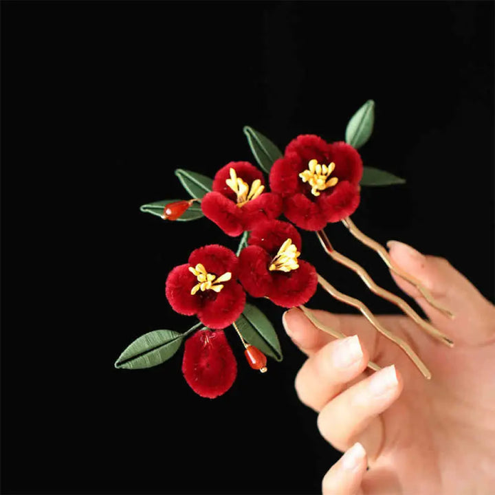 Buddha Stones Classical Chinese Style Red Flower Blue Butterfly Hairpin Hair Clip Hair Comb Barrette - Red Flower Hair