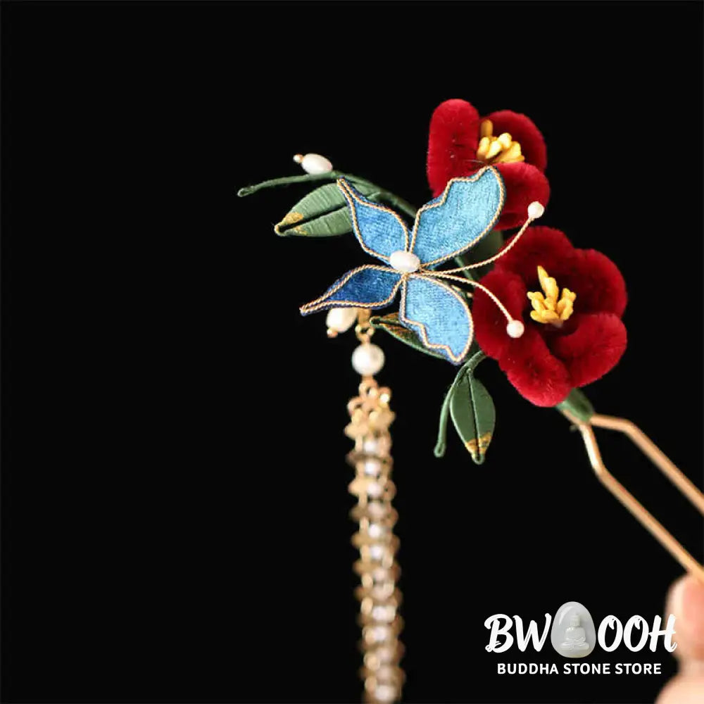 Buddha Stones Classical Chinese Style Red Flower Blue Butterfly Hairpin Hair Clip Hair Comb Barrette - Hair Clip&amp;Hair