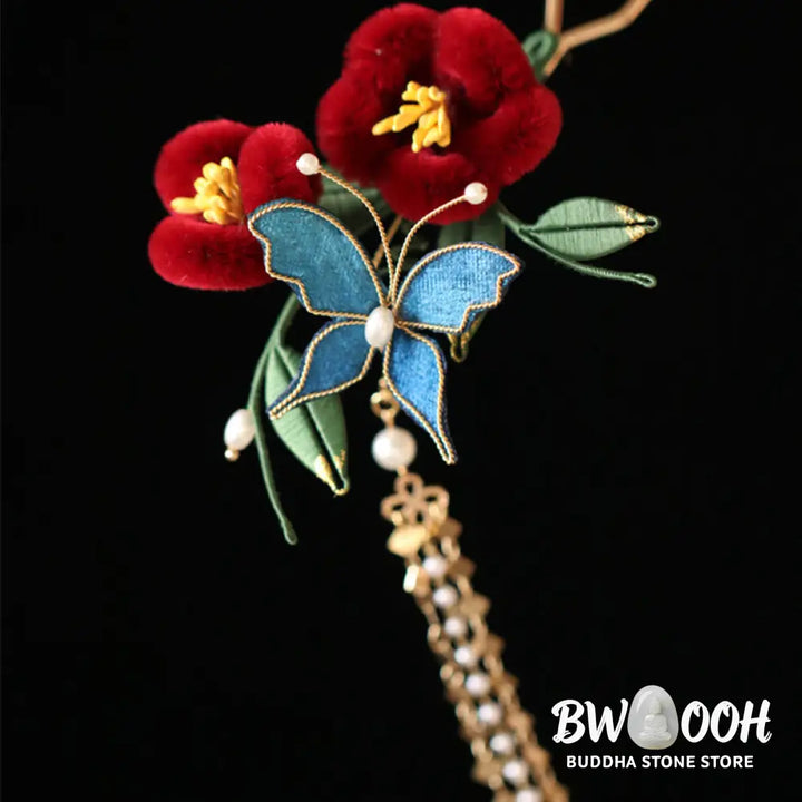 Buddha Stones Classical Chinese Style Red Flower Blue Butterfly Hairpin Hair Clip Hair Comb Barrette - Hair Clip&amp;Hair