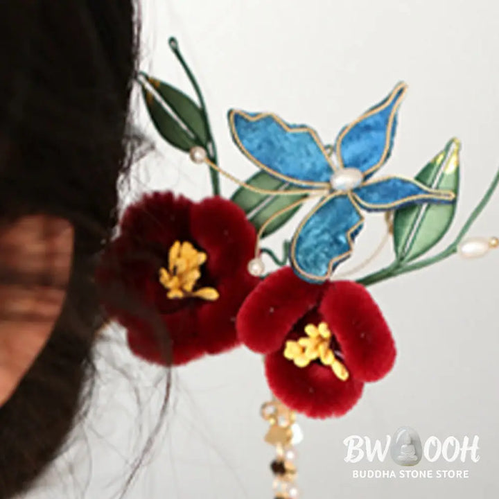 Buddha Stones Classical Chinese Style Red Flower Blue Butterfly Hairpin Hair Clip Hair Comb Barrette - Hair Clip&amp;Hair