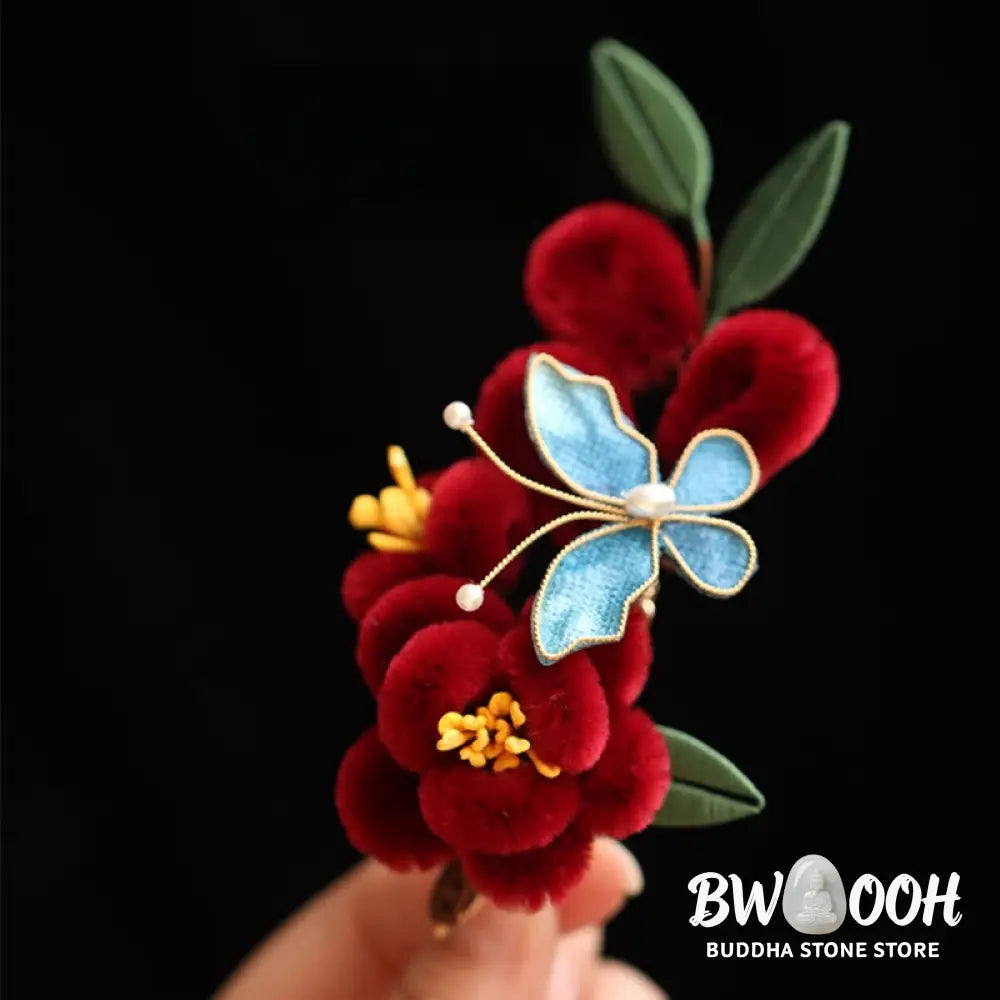 Buddha Stones Classical Chinese Style Red Flower Blue Butterfly Hairpin Hair Clip Hair Comb Barrette - Hair Clip&amp;Hair