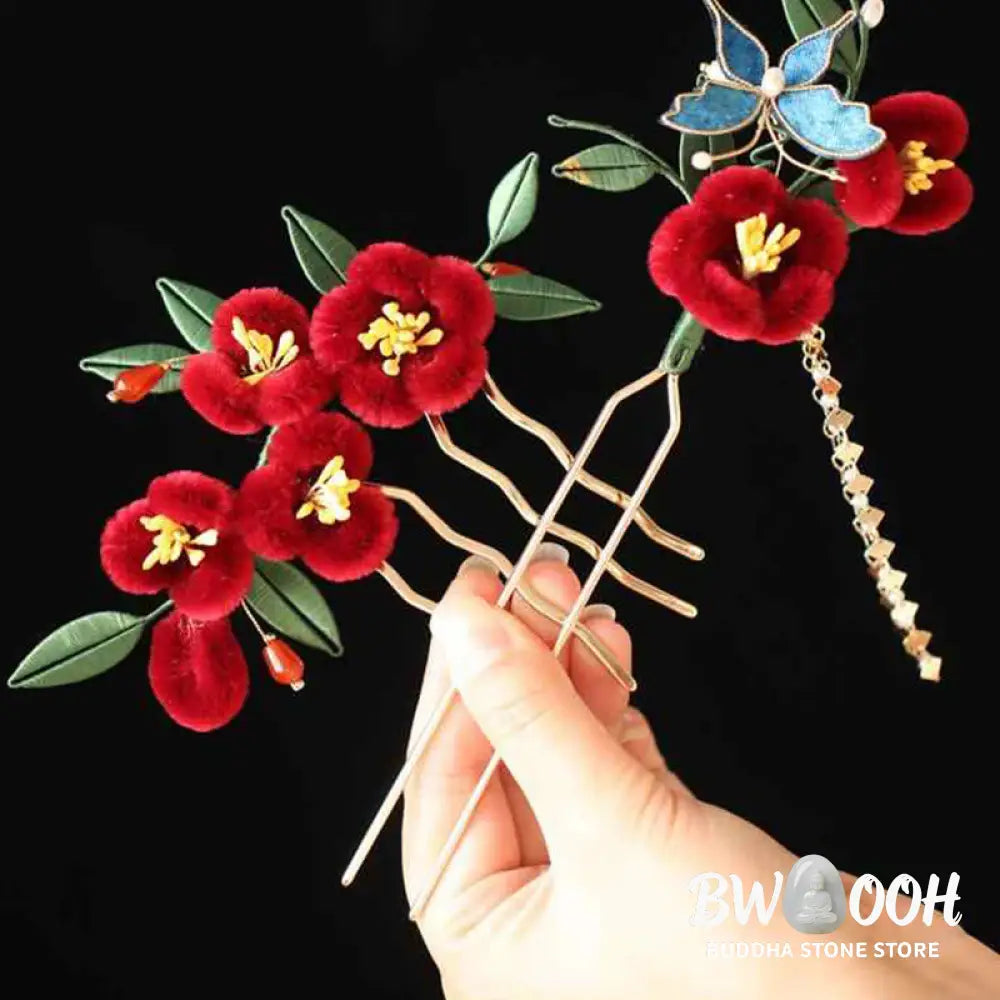 Buddha Stones Classical Chinese Style Red Flower Blue Butterfly Hairpin Hair Clip Hair Comb Barrette - Hair Clip&amp;Hair
