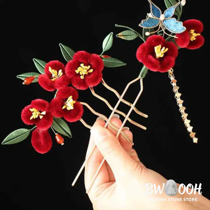 Buddha Stones Classical Chinese Style Red Flower Blue Butterfly Hairpin Hair Clip Hair Comb Barrette - Hair Clip&amp;Hair