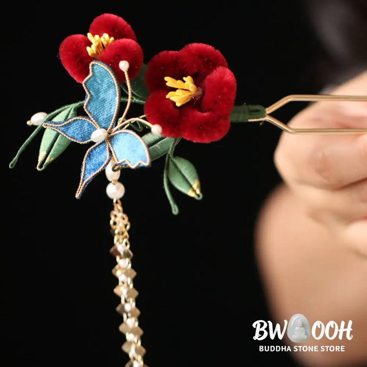 Buddha Stones Classical Chinese Style Red Flower Blue Butterfly Hairpin Hair Clip Hair Comb Barrette - Hair Clip&amp;Hair