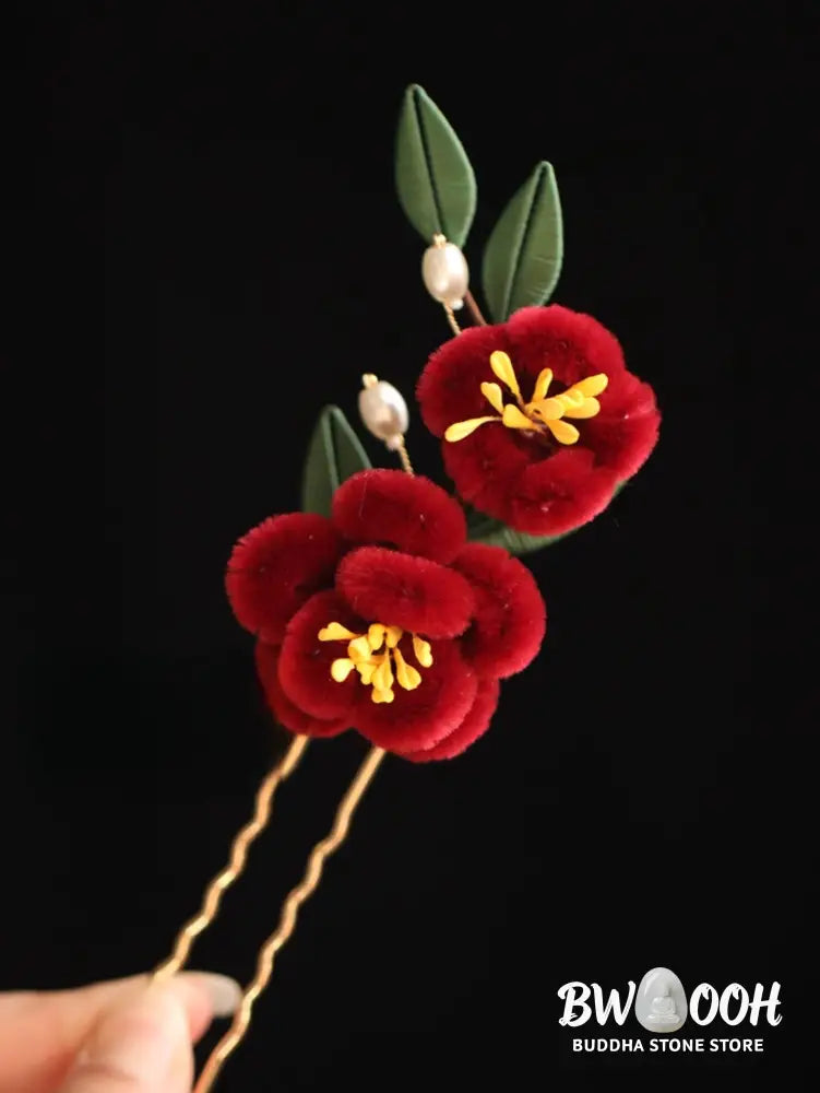 Buddha Stones Classical Chinese Style Red Flower Blue Butterfly Hairpin Hair Clip Hair Comb Barrette - Hair Clip&amp;Hair