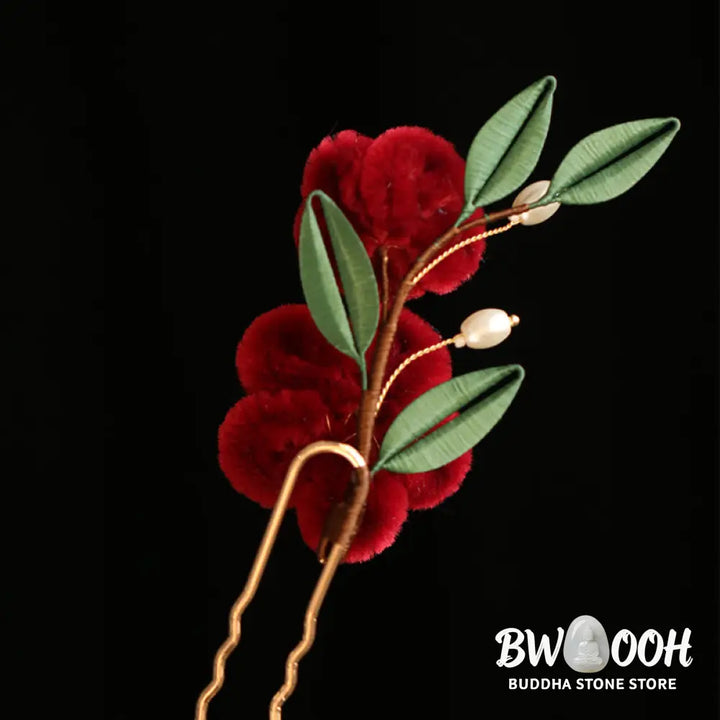 Buddha Stones Classical Chinese Style Red Flower Blue Butterfly Hairpin Hair Clip Hair Comb Barrette - Hair Clip&amp;Hair