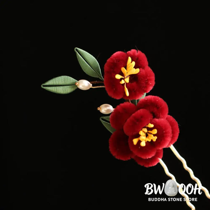 Buddha Stones Classical Chinese Style Red Flower Blue Butterfly Hairpin Hair Clip Hair Comb Barrette - Hair Clip&amp;Hair
