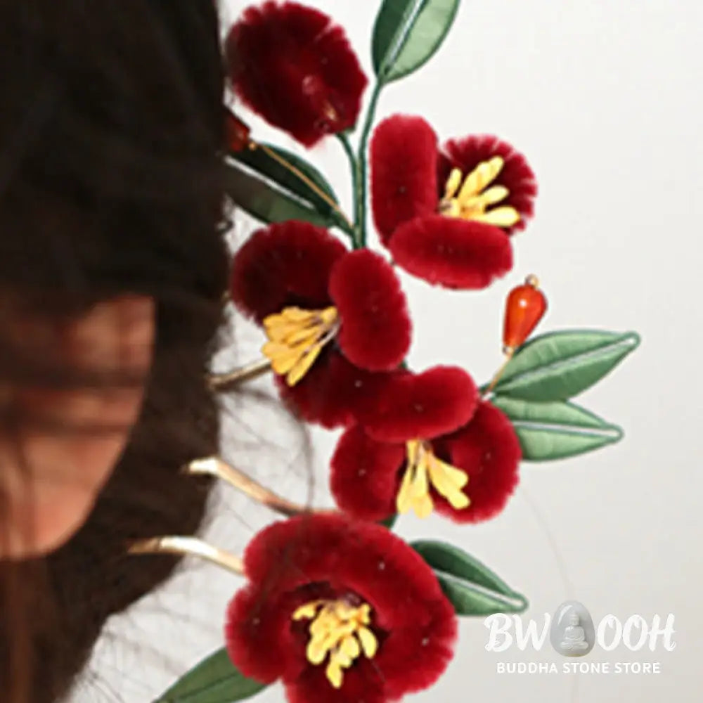 Buddha Stones Classical Chinese Style Red Flower Blue Butterfly Hairpin Hair Clip Hair Comb Barrette - Hair Clip&amp;Hair
