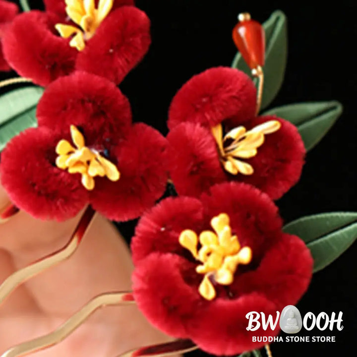 Buddha Stones Classical Chinese Style Red Flower Blue Butterfly Hairpin Hair Clip Hair Comb Barrette - Hair Clip&amp;Hair