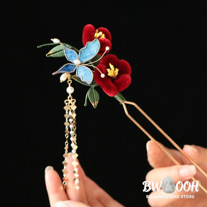 Buddha Stones Classical Chinese Style Red Flower Blue Butterfly Hairpin Hair Clip Hair Comb Barrette - Hair Clip&amp;Hair