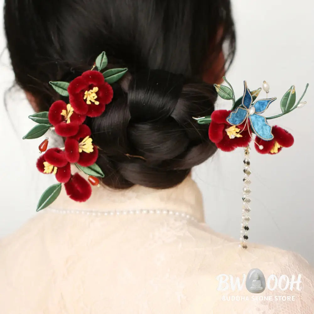 Buddha Stones Classical Chinese Style Red Flower Blue Butterfly Hairpin Hair Clip Hair Comb Barrette - Hair Clip&Hair