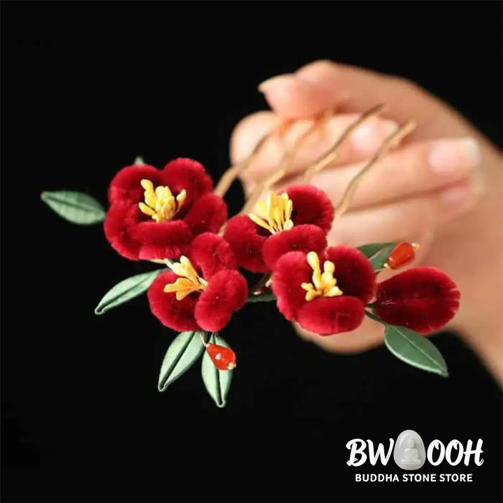 Buddha Stones Classical Chinese Style Red Flower Blue Butterfly Hairpin Hair Clip Hair Comb Barrette - Hair Clip&amp;Hair