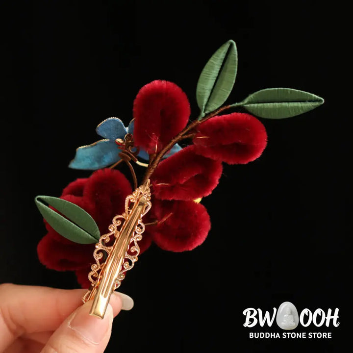 Buddha Stones Classical Chinese Style Red Flower Blue Butterfly Hairpin Hair Clip Hair Comb Barrette - Hair Clip&amp;Hair