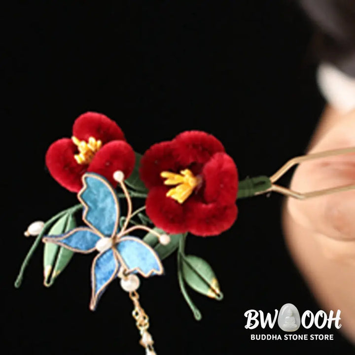 Buddha Stones Classical Chinese Style Red Flower Blue Butterfly Hairpin Hair Clip Hair Comb Barrette - Hair Clip&amp;Hair