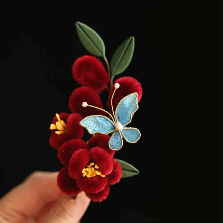 Buddha Stones Classical Chinese Style Red Flower Blue Butterfly Hairpin Hair Clip Hair Comb Barrette - Red Blue