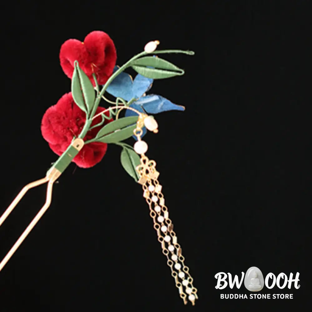 Buddha Stones Classical Chinese Style Red Flower Blue Butterfly Hairpin Hair Clip Hair Comb Barrette - Hair Clip&amp;Hair