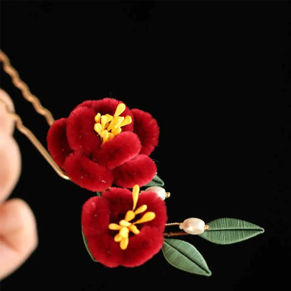 Buddha Stones Classical Chinese Style Red Flower Blue Butterfly Hairpin Hair Clip Hair Comb Barrette - Red Flower