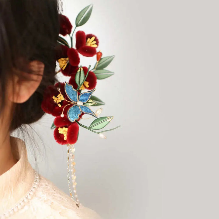 BWOOOH Classical Chinese Style Red Flower Blue Butterfly 
