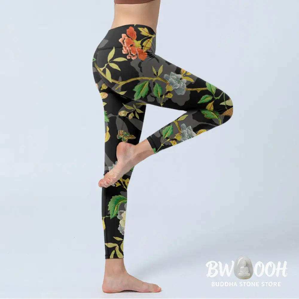Buddha Stones Classical Flower Leaf Butterfly Bird Pattern Print Gym Leggings Women&