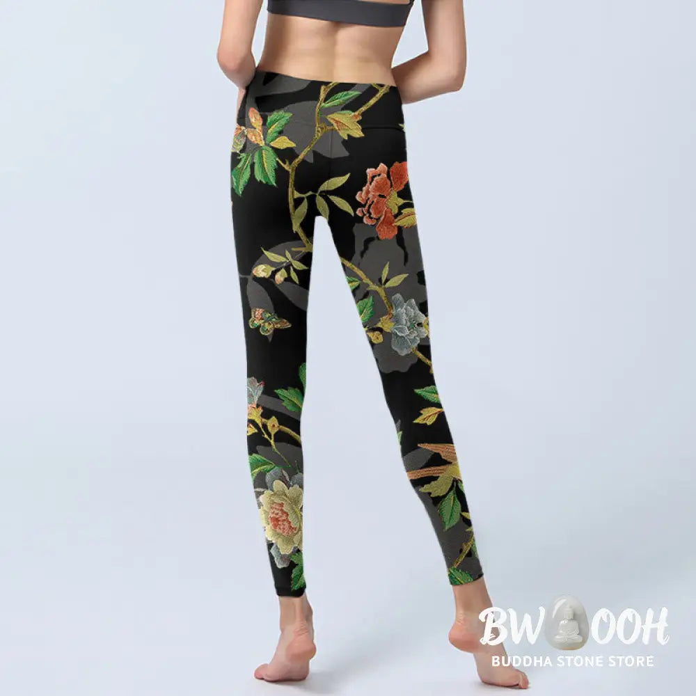 Buddha Stones Classical Flower Leaf Butterfly Bird Pattern Print Gym Leggings Women&