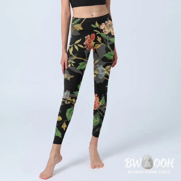Buddha Stones Classical Flower Leaf Butterfly Bird Pattern Print Gym Leggings Women&