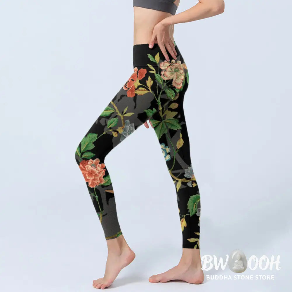 Buddha Stones Classical Flower Leaf Butterfly Bird Pattern Print Gym Leggings Women&