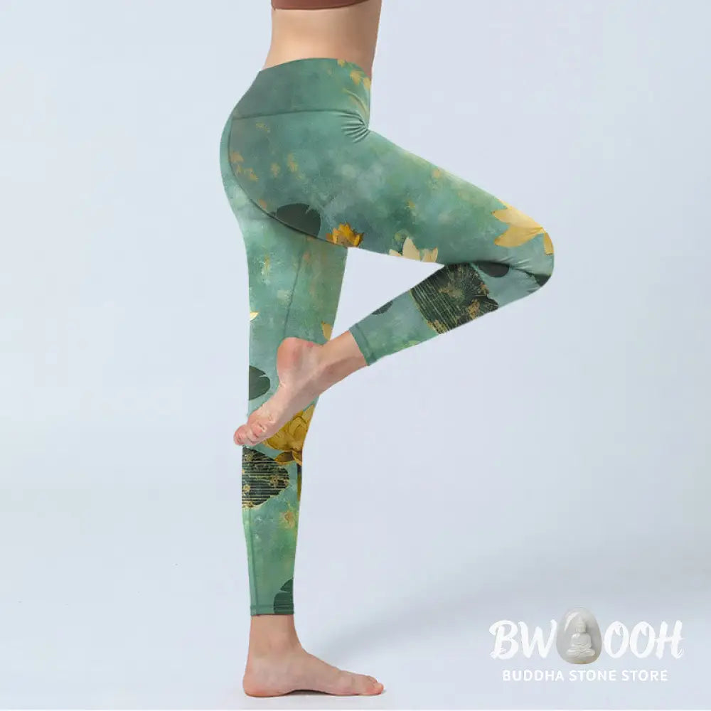 Buddha Stones Classical Lotus Flower Leaf Pattern Print Gym Leggings Women&