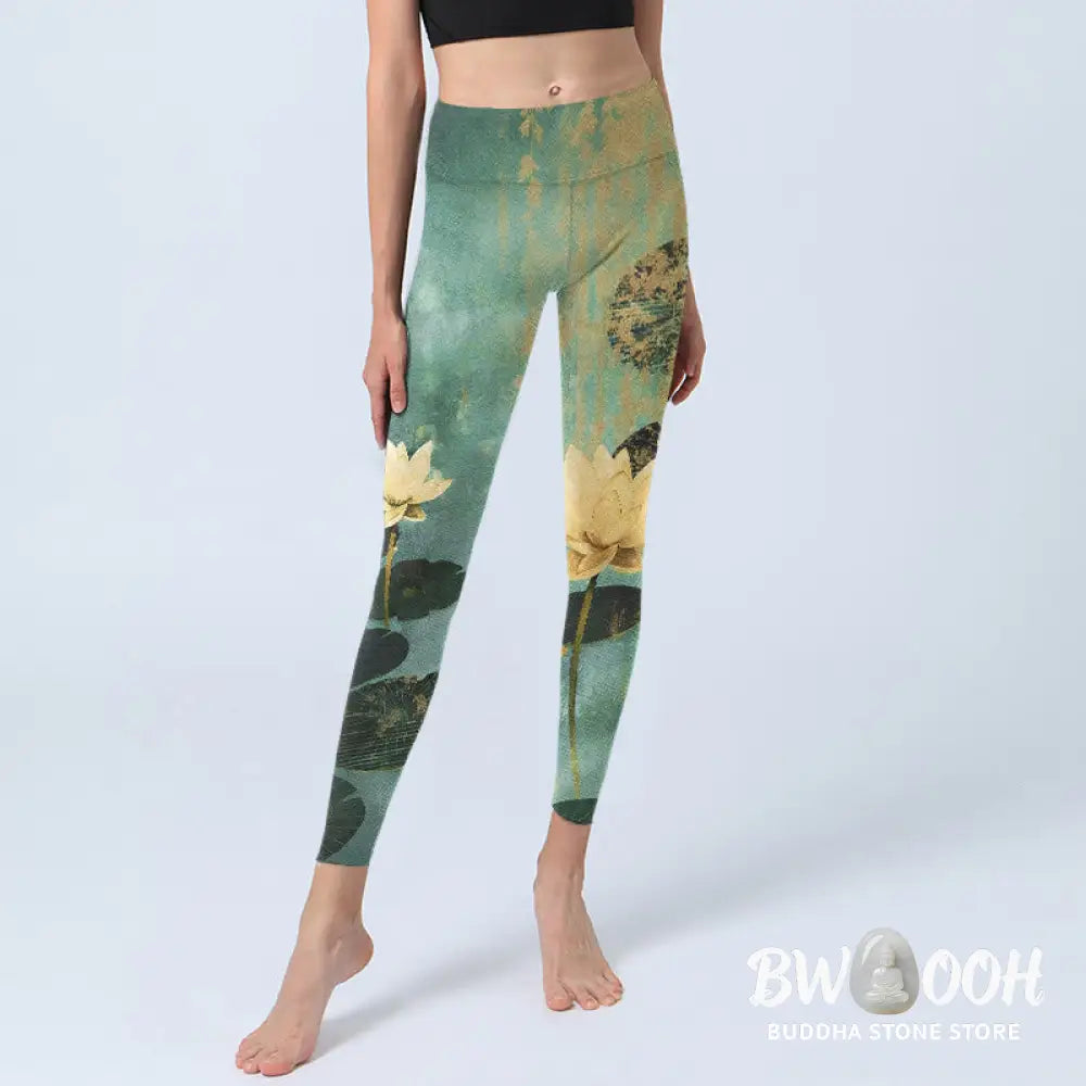 Buddha Stones Classical Lotus Flower Leaf Pattern Print Gym Leggings Women&