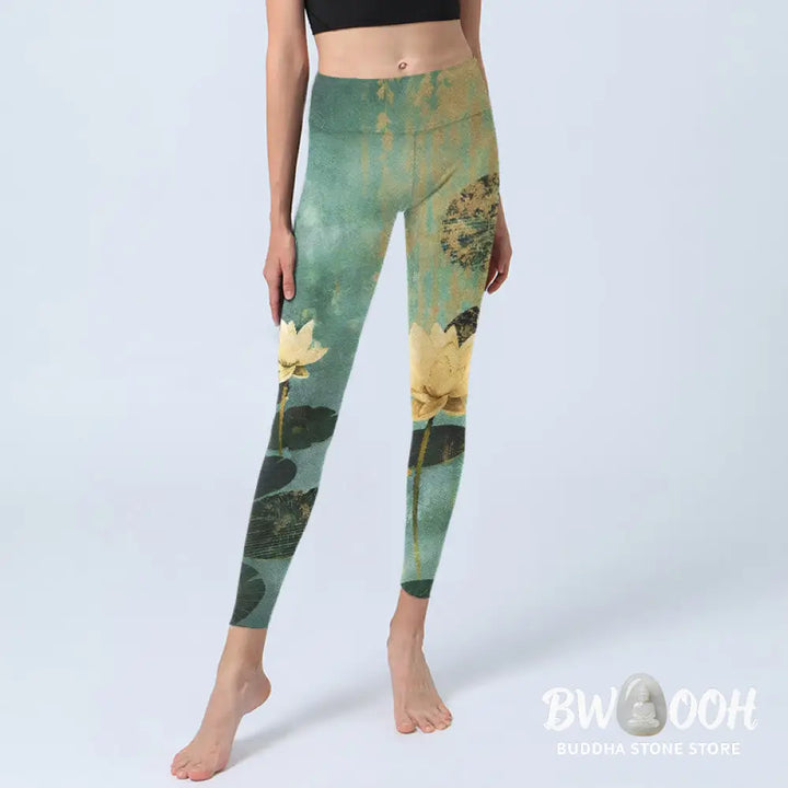 Buddha Stones Classical Lotus Flower Leaf Pattern Print Gym Leggings Women&