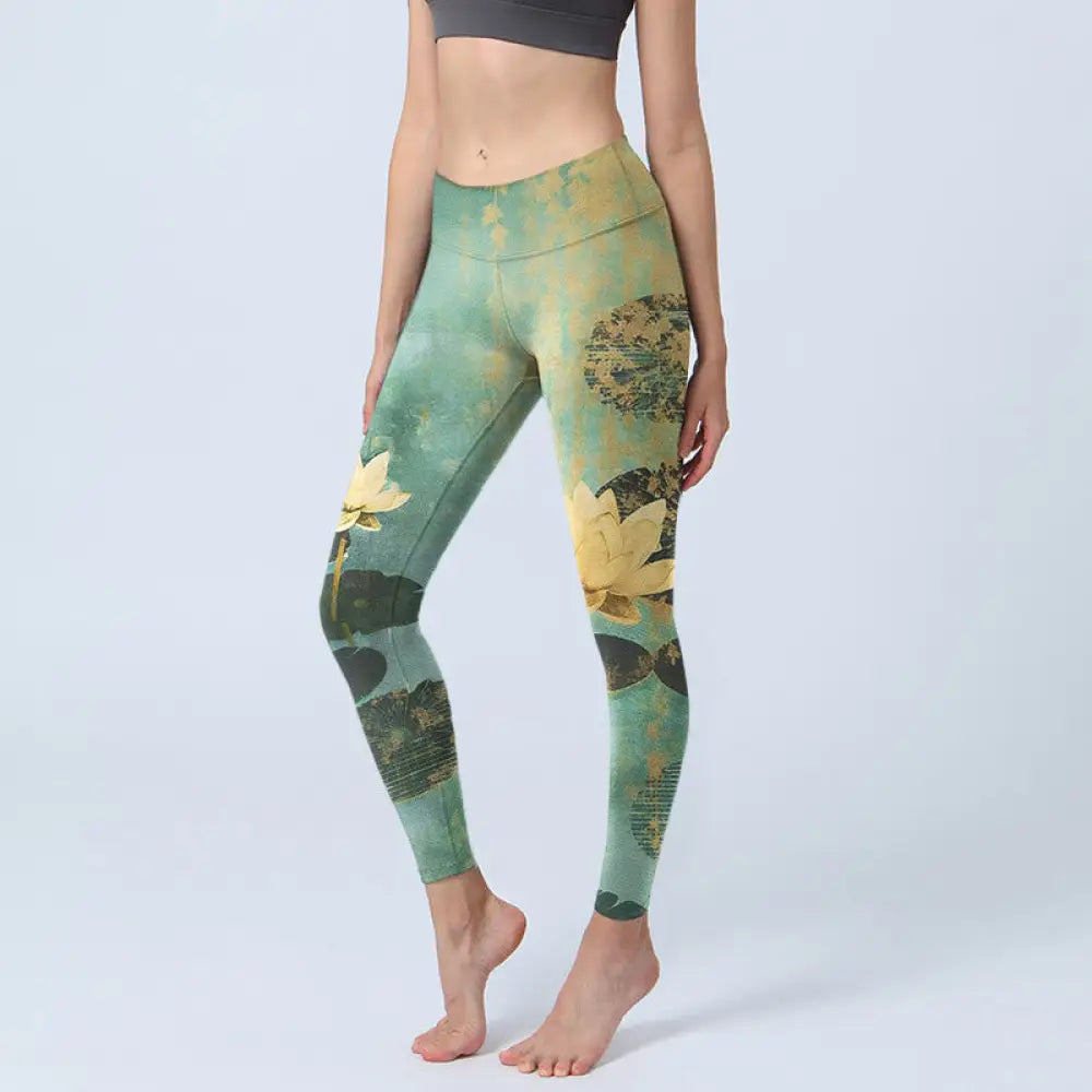 BWOOOH lotus print yoga leggings - Classical Lotus Flower Leaf Pattern Prin