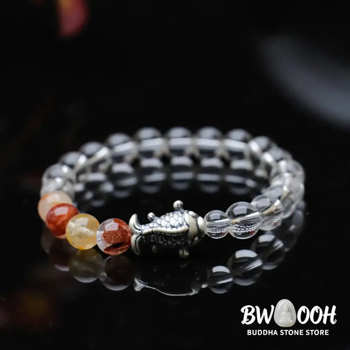 Buddha Stones Clear Quartz 999 Sterling Silver Koi Fish Protection Bracelet - Clear Quartz(Wrist Circumference:15–16