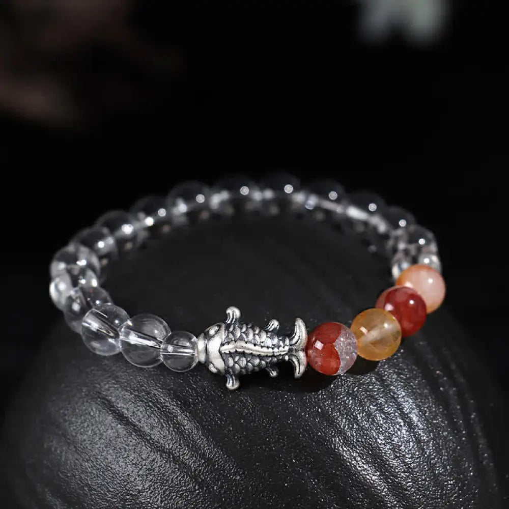 Buddha Stones Clear Quartz 999 Sterling Silver Koi Fish Protection Bracelet - Clear Quartz(Wrist Circumference:15–16