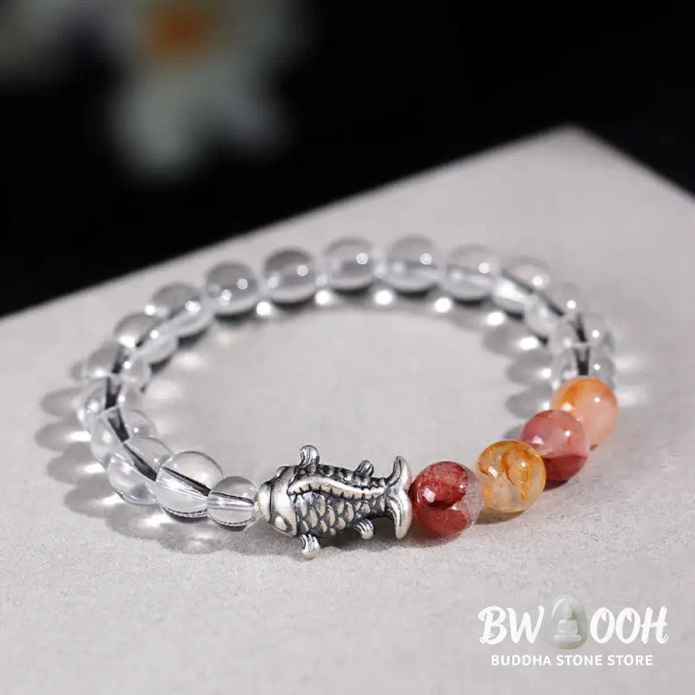 Buddha Stones Clear Quartz 999 Sterling Silver Koi Fish Protection Bracelet - Clear Quartz(Wrist Circumference:15–16