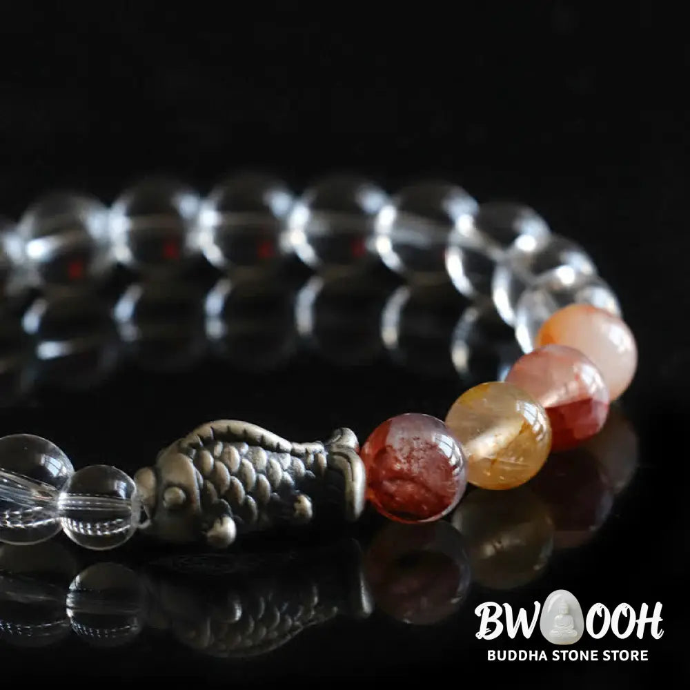 Buddha Stones Clear Quartz 999 Sterling Silver Koi Fish Protection Bracelet - Clear Quartz(Wrist Circumference:15–16