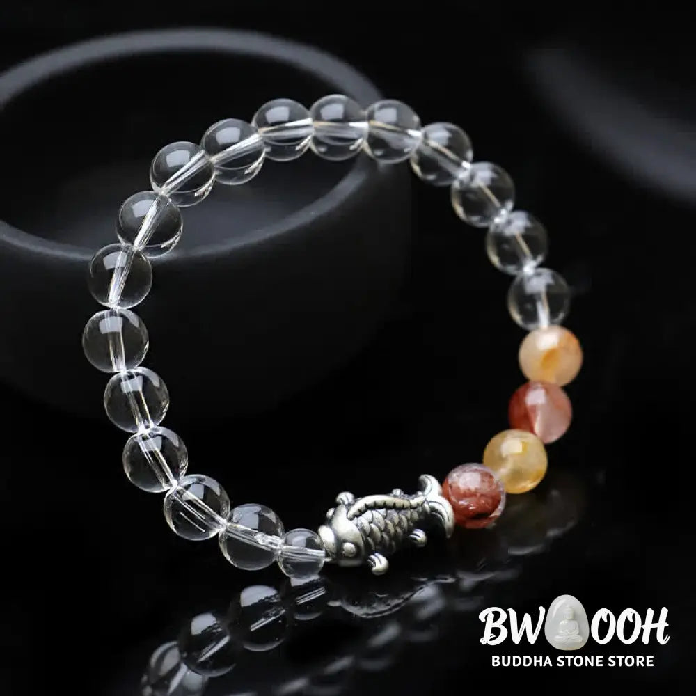Buddha Stones Clear Quartz 999 Sterling Silver Koi Fish Protection Bracelet - Clear Quartz(Wrist Circumference:15–16